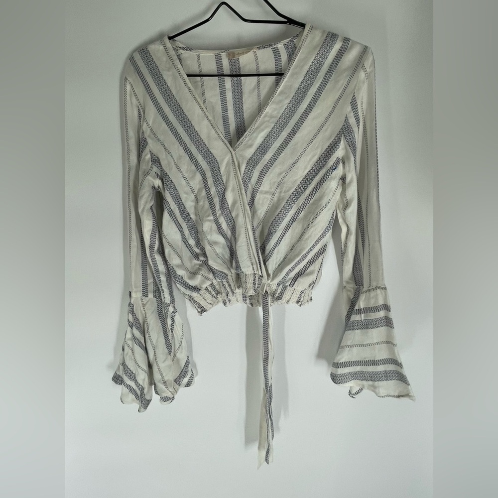 Altar'd State Blue and White Striped Bell Sleeve Blouse